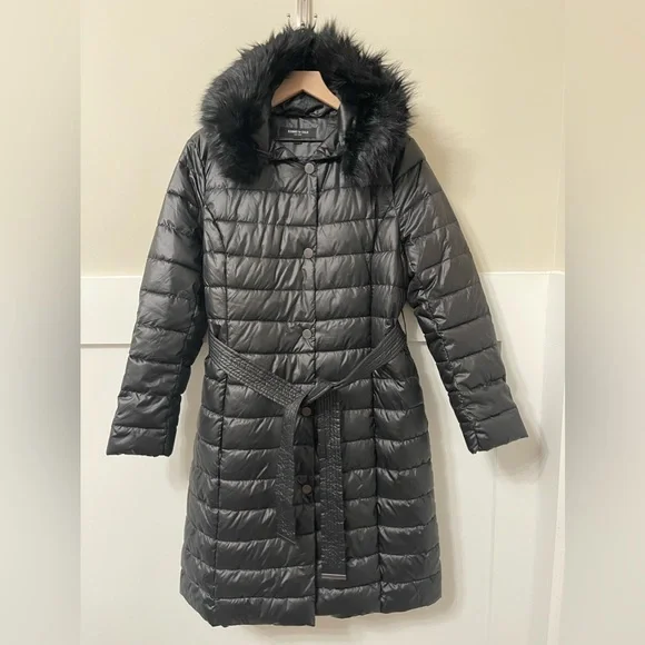 Kenneth Cole Black Women Puffer Faux Fur Hood Winter Coat Size Large